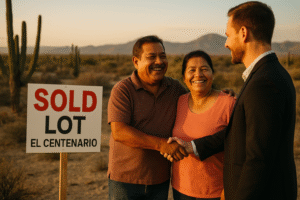 Prompt: A documentary-style photo of a smiling middle-aged Mexican couple shaking hands with a real estate agent in front of a sold lot sign in El Centenario, dry desert landscape with cacti and mountains in the background, sense of satisfaction and success, golden hour sunlight casting warm tones, shot with a Canon EOS R5, 35mm f/1.8 lens, warm and natural color palette