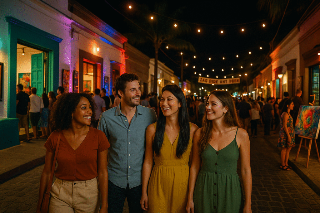 Retirees enjoying San José del Cabo Art Walk surrounded by art and lights.