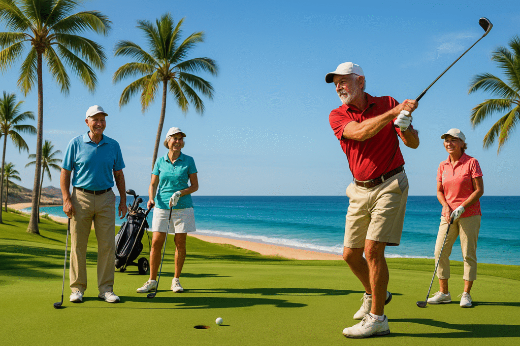 Retirees golfing on an oceanfront course in Los Cabos.