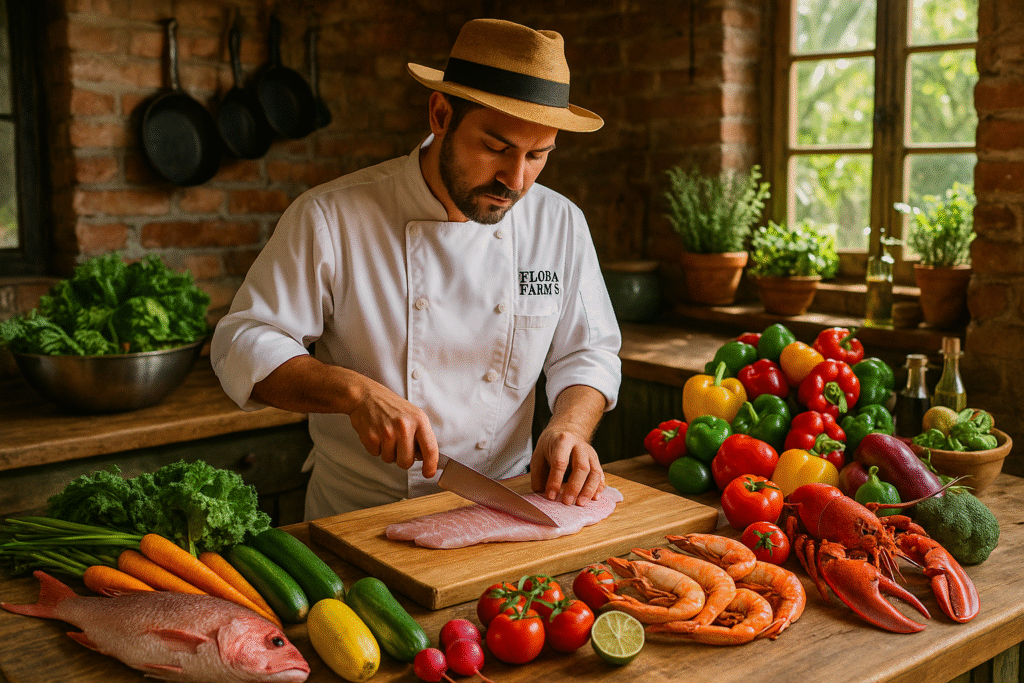 Chef preparing fresh seafood and organic vegetables at Flora Farms Los Cabos, rustic farm kitchen atmosphere, vibrant fresh colors.