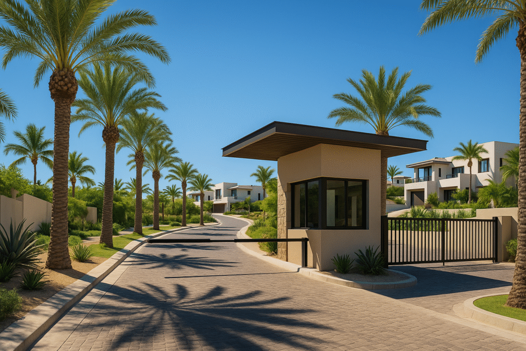 Entrance to a gated community in Los Cabos with palm-lined driveway, modern security booth, and upscale homes in the background, sunny day.