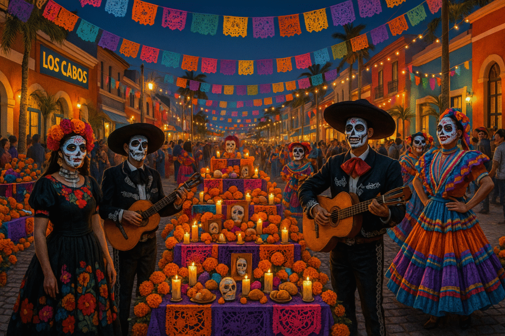 Día de los Muertos celebration in Los Cabos with colorful altars, traditional costumes, live music, and decorated streets, festive and vibrant.