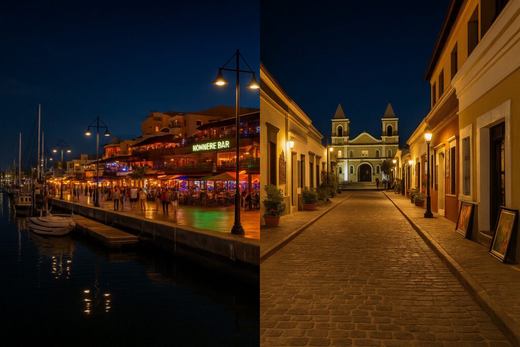 Side-by-side view of Cabo San Lucas marina nightlife and San José del Cabo art district.