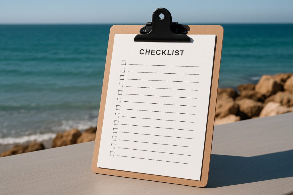  Sleek checklist pages on clipboard with coastal background; minimal, premium look; high legibility.