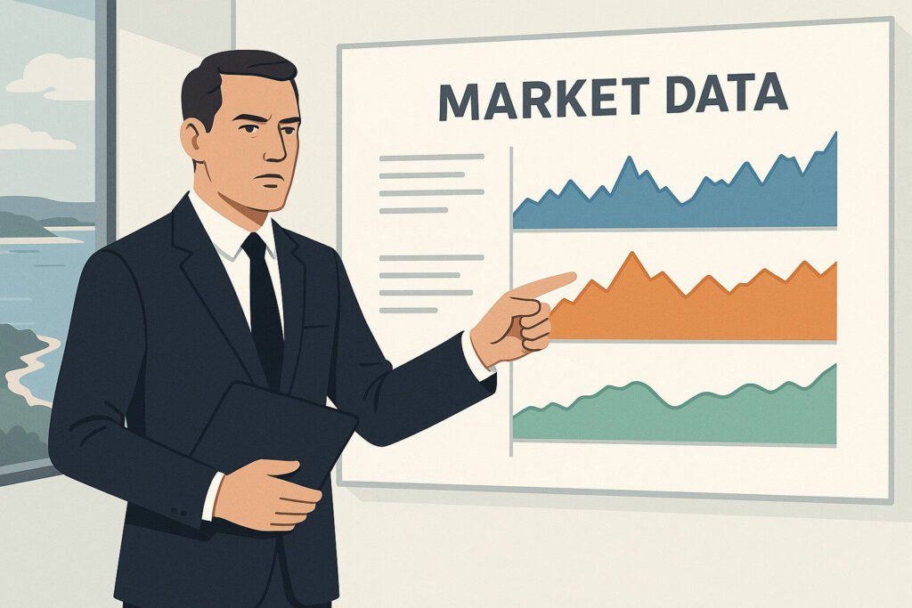 Agent pointing at layered market data charts with coastline visible; authoritative, clean design.
