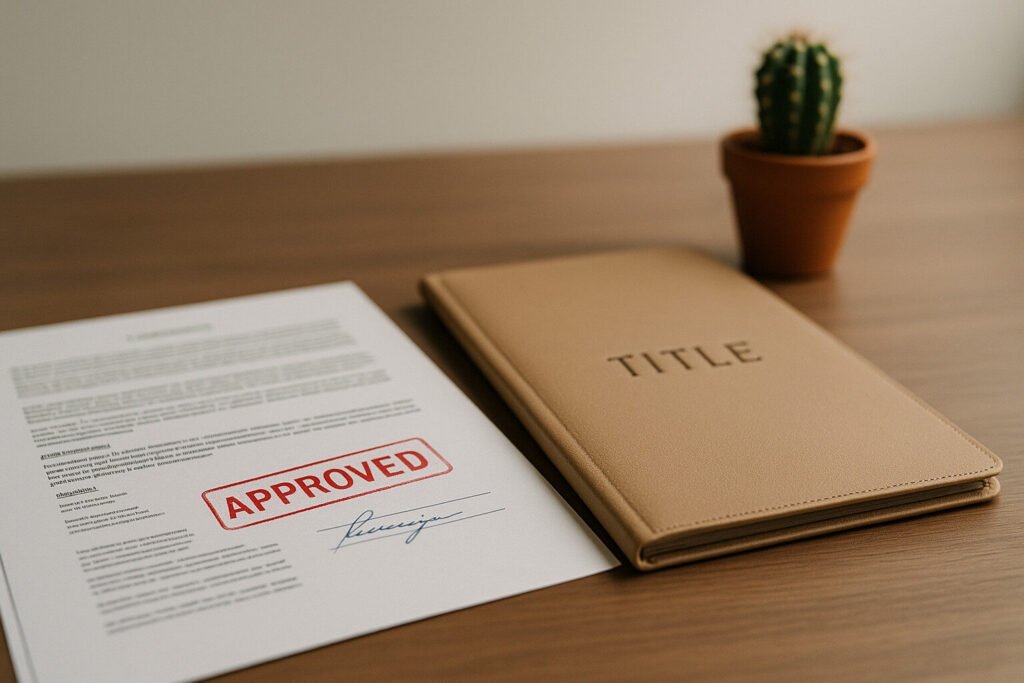 Close-up of stamped documents and title folder on desk with small cactus decor; trustworthy and neat.