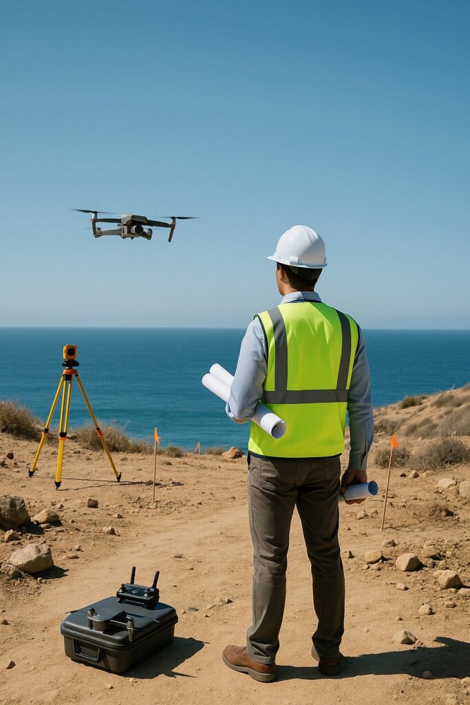 Architect at a bluff lot with drone and rolled plans; sea horizon; crisp daylight.