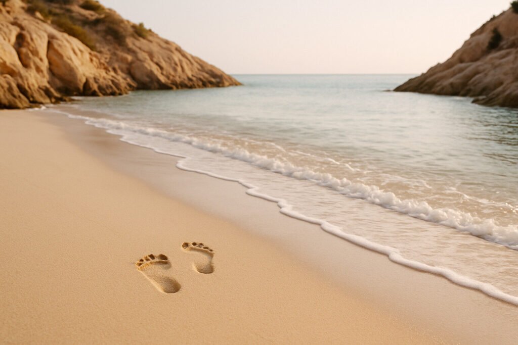 Soft-light photo of secluded sandy cove with gentle waves and two footprints; irresistible and bright.