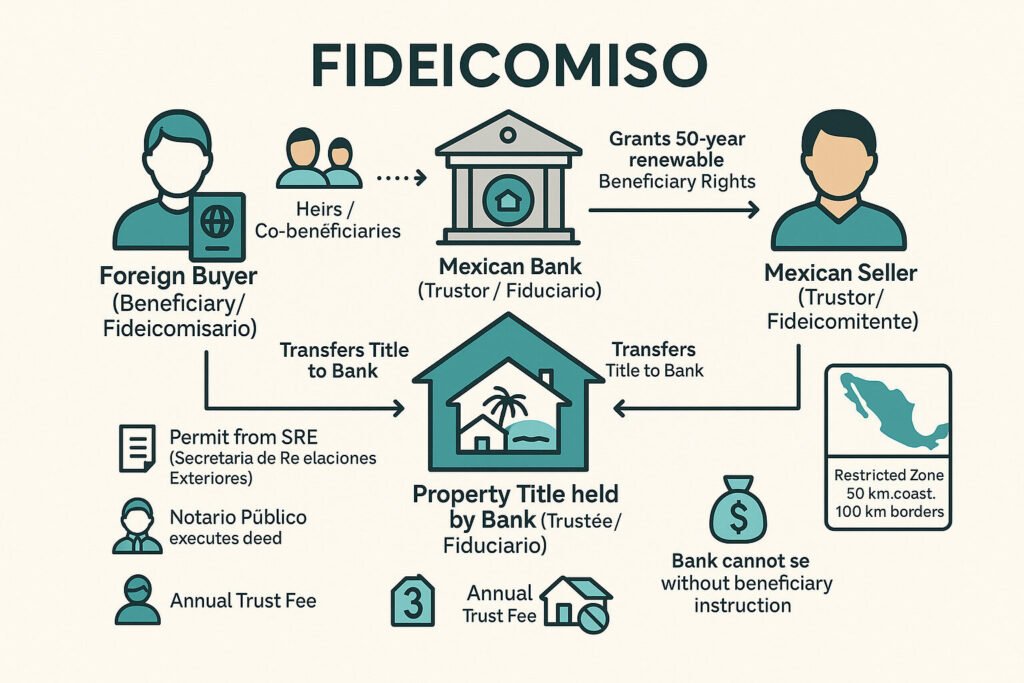Image Prompt: Diagram illustration of fideicomiso structure with simple icons; clear and educational.