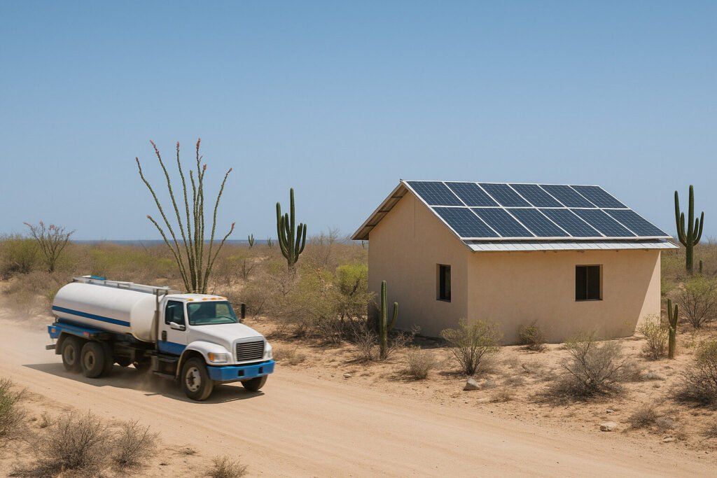 : Solar panels on desert home with water delivery truck passing; practical and real.